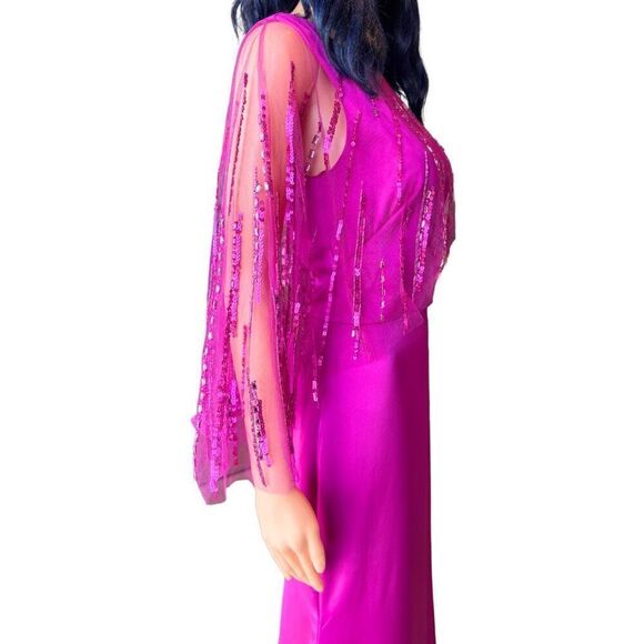 Theia Satin Sequin Cape Gown Sample 4 Magenta Pink Mother of Bride Formal - Picture 5 of 8